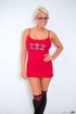 Tan blonde with big tits peels off her red dress to grant access to her