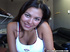 Brunette in a red bra and thong hits the casting couch to show her finger