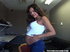 Brunette in a red bra and thong hits the casting couch to show her finger