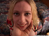 Charming blonde in a party dress spreads her pink before aggressively