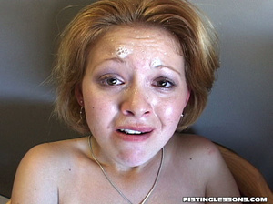 Gallant girl in glasses is given a cum facial after fisting her vagina and sucking a shaft. - Picture 11