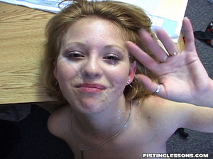 Gallant girl in glasses is given a cum facial after fisting her vagina and sucking a shaft. - Picture 15