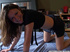 Remarkable chick in a short blue skirt is a class act when filling her