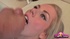 Slutty blonde chick in a white vest collects semen into a small bowl and