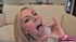 Slutty blonde chick in a white vest collects semen into a small bowl and