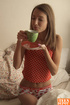teen brunette kneels down