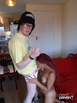 Guy with pants around his ankles in small apartment sucked off by sexy ebony with long hair. - Picture 9