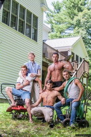 Group of five gorgeous guys take a break from yard work to show off chiseled chests.
