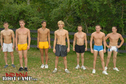 Muscular young dudes take off their briefs in different colors then make their dicks dangle while doing their exercise in the camp before two of them make out and eat each others cocks.