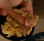 Marvelous slut dines on a dick sandwich at a diner.