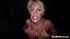 Blonde MILF wearing pink tube top and jeans skirt holds a small cock at
