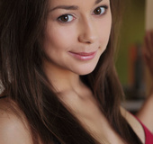 Brunette freshie in a red lingerie takes it off to demonstrate her huge