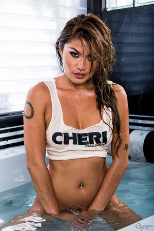 Yummy vamp in a “Cheri” shirt shows off her privates at the pool and bathroom. - XXXonXXX - Pic 10