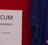 Blonde beauty in white jacket, blue shirt, black leggings and white shoes