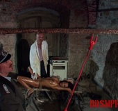 Dude in a white lab coat takes a cattle prod to a naked chick tied to