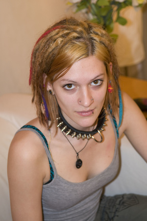 Hippy lesbian with pierced ear, lips and braided hair has threesome while sharing toys - XXXonXXX - Pic 3
