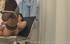 Foxy chick takes off her gray dress and black bra then sits on a blue