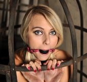 Blonde bird in white panties with tied wrists and ankles locked in a birdcage.