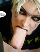 Blonde tattooed bitch gets mouthful of sticky cum after sloppy blowjob