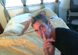 Old stud takes off his black shirt then creeps on his stepson's cock as he grabs his dick while sleeping then shoves it in his mouth on a gold and white bed. - Picture 1