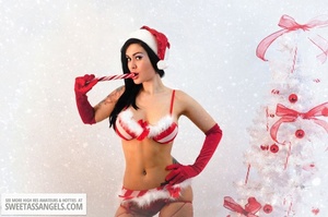 Luscious chick with tattoos displays her smoking hot body wearing her red and white x-mas hat, gloves, stockings and boots before she takes off her red and white lingerie and expose her hot boobs then rubs her pussy by a white x-mas tree. - XXXonXXX - Pic 12