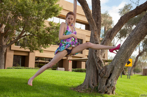 Busty red teeny posing in a dress outdoo - XXX Dessert - Picture 4