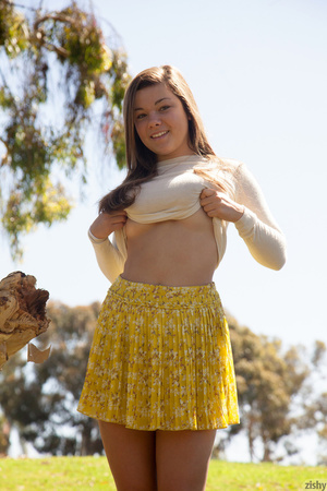 Busty teen brunette in a yellow skirt an - Picture 6