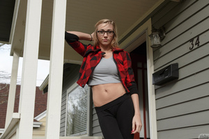 Blonde teen hottie in glasses and stripe - Picture 2
