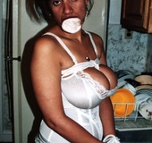 Babe with big juggs gets tied up in the kitchen