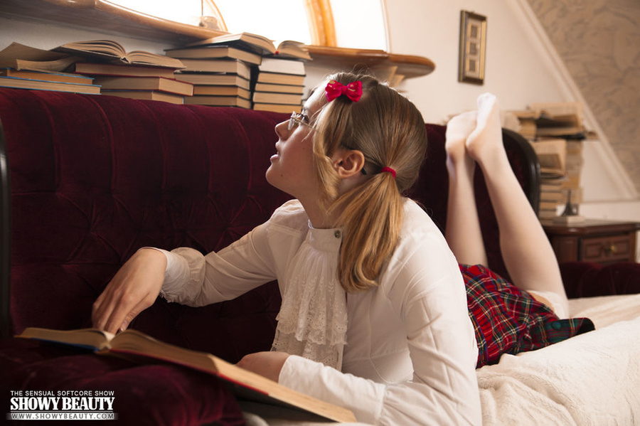 Stunning school babe with glasses opens her white blouse and displays her juicy boobs before she takes off her white panty then teases with her indulging pussy under her green and white checkered skirt on a maroon and white couch. - XXXonXXX - Pic 3
