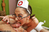 Crazy nurse with scissors is going to cut patient's balls