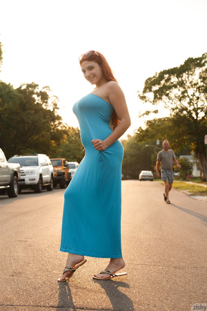 Hot redhead in a blue dress exposing her - XXX Dessert - Picture 4