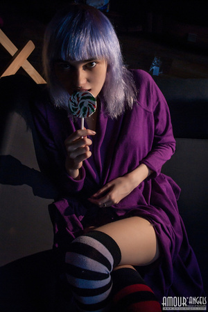 Naughty purple haired teen gal licks a nice lollipop - XXXonXXX - Pic 2
