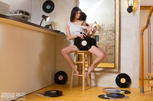 Pretty brunette chick posing with vinyl records - Picture 2