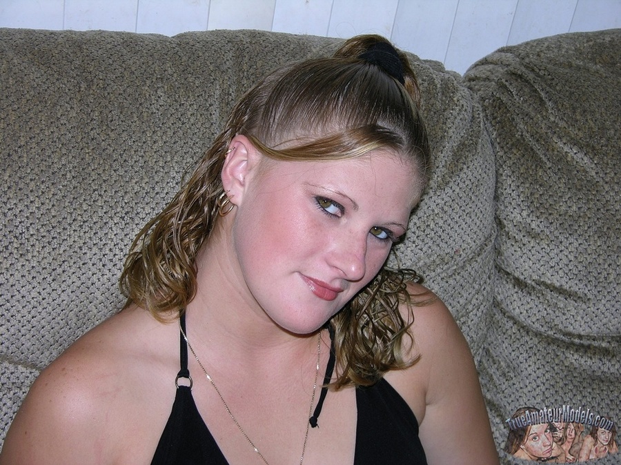 Chubby chick in sexy black shirt and gray pants slowly peels them off and expose her juicy tits while she bares her lusty pussy in different positions on a gray couch and bed. - XXXonXXX - Pic 2