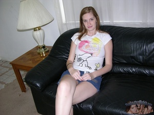 Sweet teen babe lays on a black couch then peels down her blue and white polka dotted shorts and reveals her luscious pussy before she removes her white snoopy shirt and shows her luscious round boobs in different poses on a gray bed. - XXXonXXX - Pic 1
