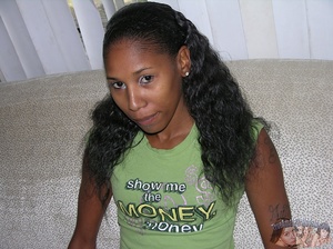 Smoking hot ebony strips off her green shirt and violet pants then seduces with her banging body with small tits and juicy pussy in different poses on a gray couch, wooden chair and white bed. - XXXonXXX - Pic 3