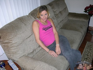 Hot babe with skinny body sits on a gray couch then slowly peels off her pink shirt and jeans and expose her tiny tits before she strips down her brown panty and shows her luscious pussy in different positions on a brown bed then grabs a big dick and sucks it before she lets it slide inside her wet hole on a black bed. - Picture 2