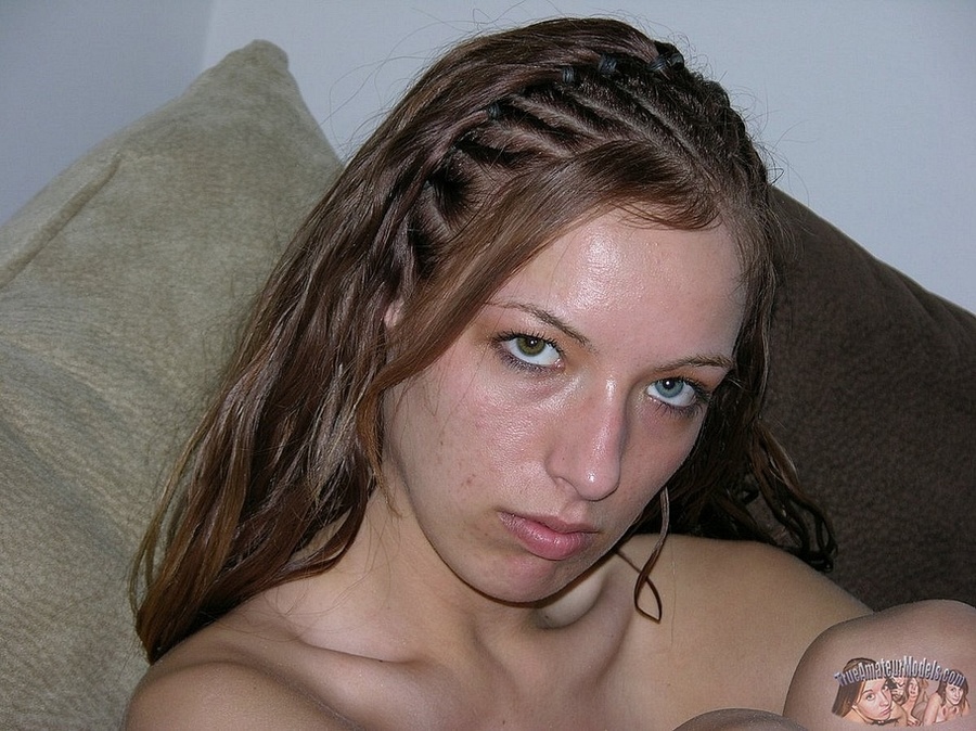 Teen chick sits on a brown couch then strips off her colorful striped shirt and jeans and teases with her foxy body in sexy underwear before she peels off her white bra and shows her petite boobs then strips down her black panty and bares her sweet pussy in different poses on a white bed. - XXXonXXX - Pic 5