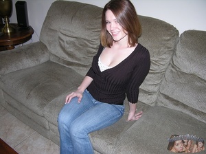 Gorgeous hottie with foxy body peels off her black blouse, jeans and black bra then expose her indulging tits before she pulls down her white panty and bares her sweet pussy on gray couches before she grabs a hard cock then pumps it hard on a white bed. - XXXonXXX - Pic 2