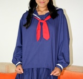 Naughty Asian in blue school uniform shows tiny tits and use dildo on