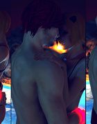 Passionate sex scenes with red hottie with cat's ears at the beach party