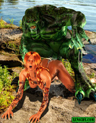 Wild tattooed redhead jumping on big water monster's dong