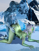 Green-skinned babe gets poked hard on the ice by muscular creature