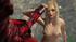 Furious red dragon with horns attacks blonde hottie