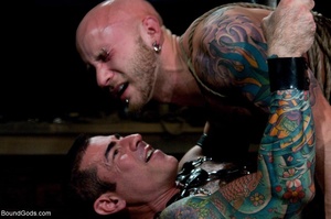 Bald dude in bondage gets nailed by two  - XXX Dessert - Picture 10