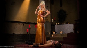 Vixen in a sassy gold dress pegs her sub - Picture 9