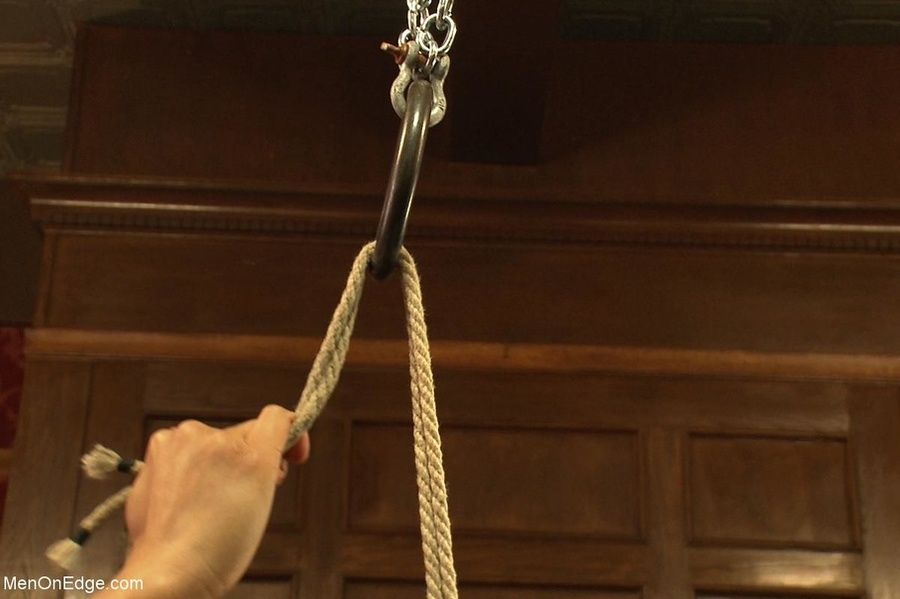 Blindfolded and suspended lad with gag-ball - XXX Dessert - Picture 1