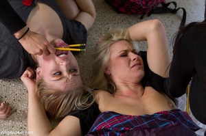 Blonde schoolgirls get used by two freaky brunettes - Picture 6