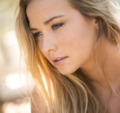 Beautiful blonde in white shows shaved cunt, hot ass and pointy tits outdoors